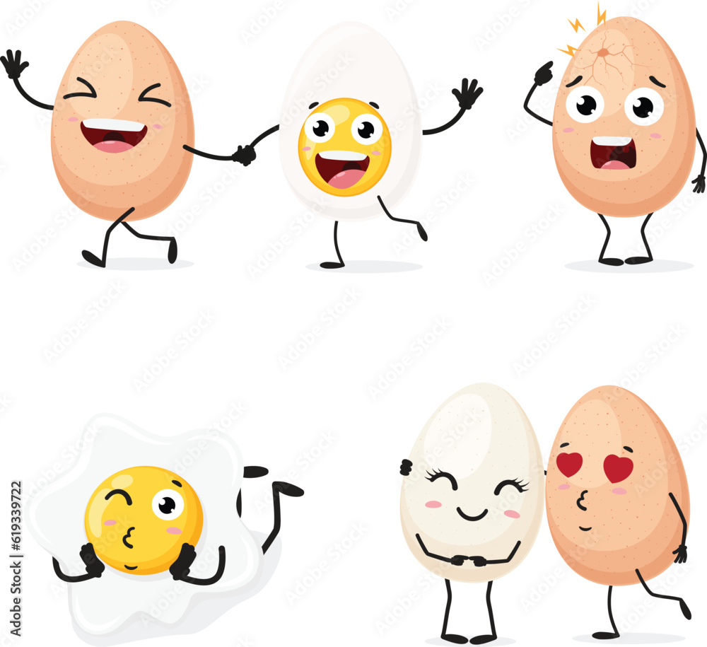 Cartoon egg, set of Cute characters, Isolated on white background Cartoon egg, set of Cute characters, Isolated on white background