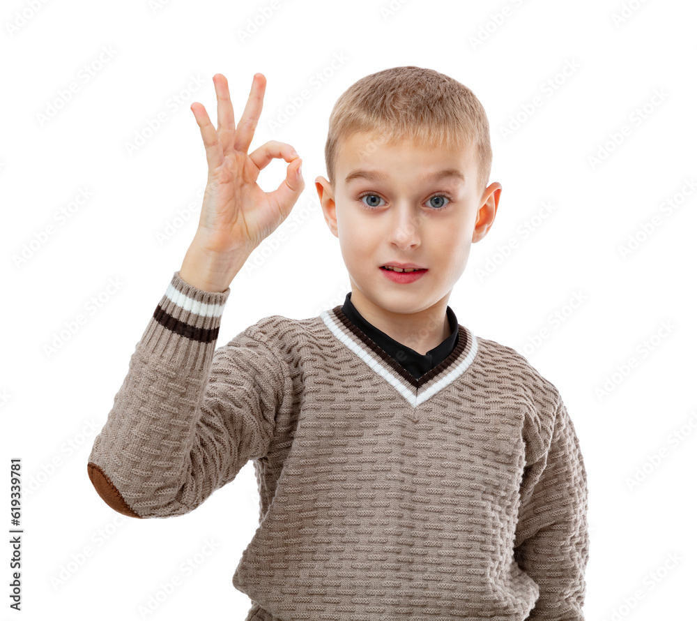 Portrait of blonde seven year old boy shows ok okay gesture and smiling to the camera isolated on white background. Attractive child in brown sweater posing in studio. Portrait of blonde seven year old boy shows ok okay gesture and smiling to the camera isolated on white background. Attractive child in brown sweater posing in studio.