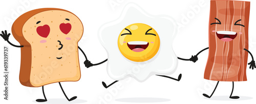 Cartoon Breakfast menu, egg, bread and bacon, set of Cute characters, Isolated on white background