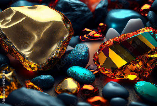Gold rocks between colorful glass stones, background