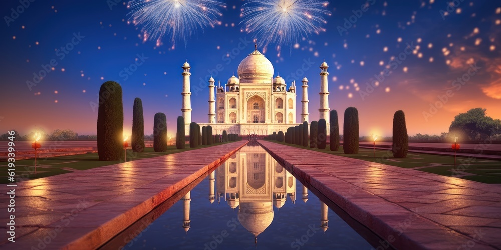 Taj Mahal at Night with Fireworks Background, India Tourism Attraction, Independence Day. Generative Ai