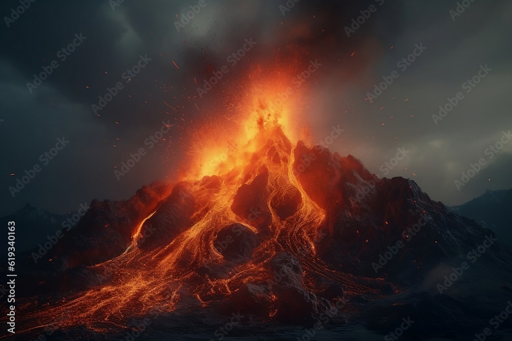 The volcano erupts lava. 