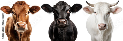 Collection of three cow portraits in different colours (black, brown, white) isolated on white background as transparent PNG, animal bundle
