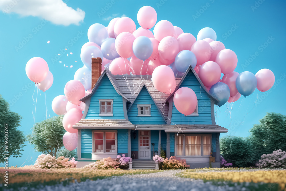 Surreal scene of mini pink blue house full pink blue air balloons, colorful, fresh concept. Generative AI.
