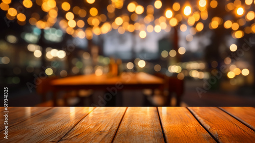 tabletop with bokeh lights of an evening restaurant background. Generative AI