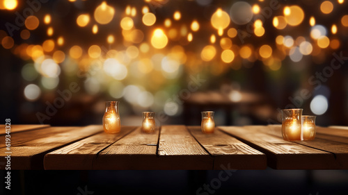 tabletop with bokeh lights of an evening restaurant background. Generative AI