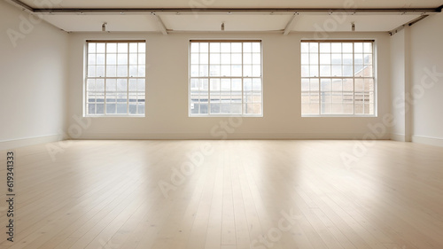 bright empty room hall with a large window and parquet  natural lighting. Generative AI