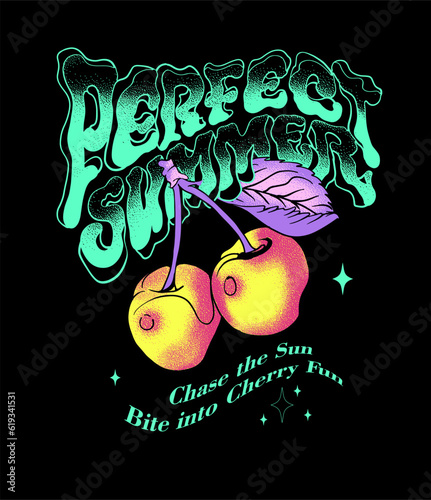 a captivating t shirt print design with a vintage look, featuring custom typography and a catchy slogan that celebrates the cherry motif