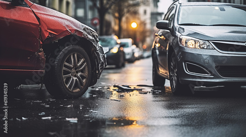 Auto accident involving two cars on a city street - Generative AI © sopiangraphics