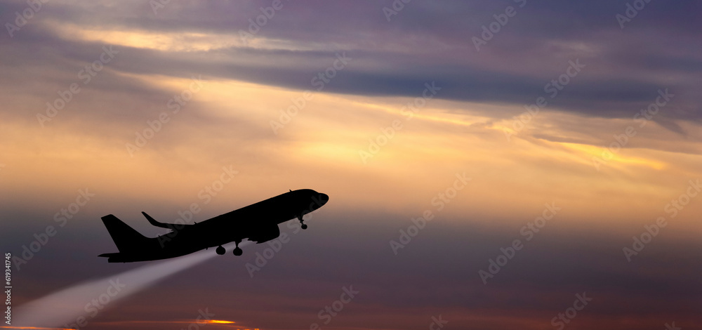The plane takes off at sunset.