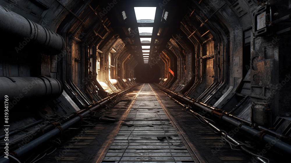 corridor inside the spaceship There's light at the end of the tunnel. corridor inside the spaceship There's light at the end of the tunnel.