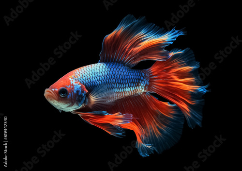 Beautiful Siamese fighting fish on dark background. Betta fish. Colorful fighting Siamese fish with beautiful silk tail isolated on black. Generative AI.