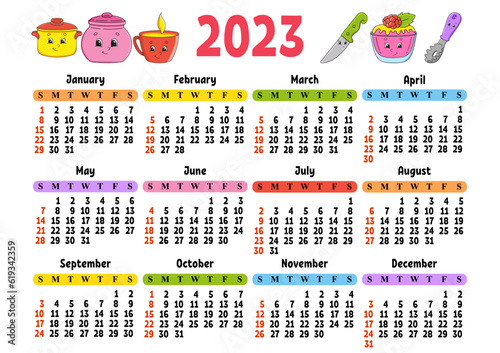 Calendar for 2023 with a cute character. Fun and bright design. Isolated color vector illustration. cartoon style.