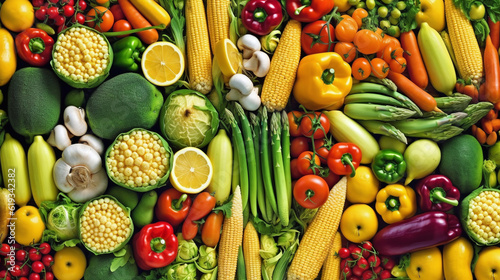 Background of fresh vegetables arranged together representing concept of health diet. Top view. Generative Ai