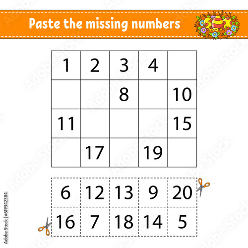 Paste the missing numbers 1-20. Game for children. Handwriting practice. Learning numbers for kids. Education developing worksheet. Activity page. Isolated vector illustration in cute cartoon style.