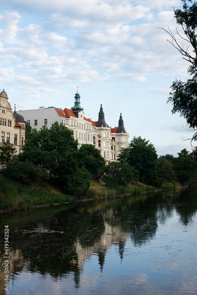German Consulate General building in Wroclaw, Poland. View of the building located on the bank of the pond next to the park.