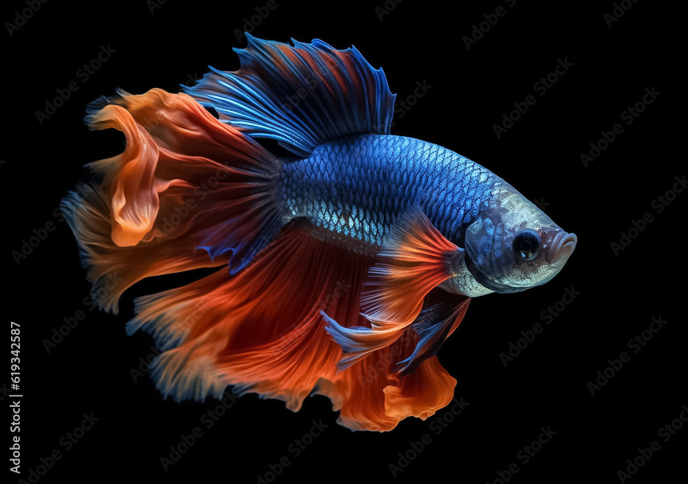 Beautiful Siamese fighting fish on dark background. Betta fish. Colorful fighting Siamese fish with beautiful silk tail isolated on black. Generative AI. Beautiful Siamese fighting fish on dark background. Betta fish. Colorful fighting Siamese fish with beautiful silk tail isolated on black. Generative AI.