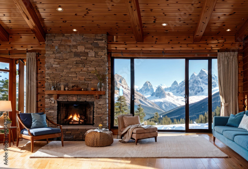 Fototapeta Cheminée dans l'intérieur d'un chalet de luxe en hiver avec vue sur la montagne et la neige