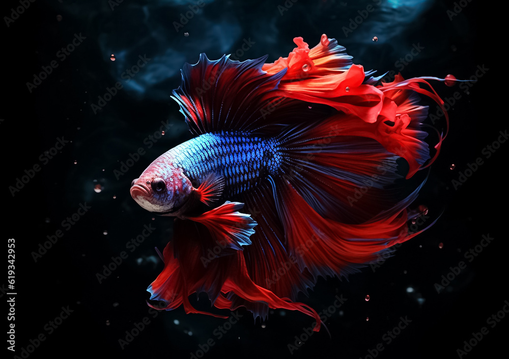 Fototapeta premium Beautiful Siamese fighting fish on dark background. Betta fish. Colorful fighting Siamese fish with beautiful silk tail isolated on black. Generative AI.