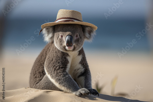 Generative AI. a koala wearing a beach hat © imur
