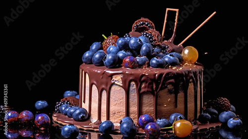 Chocolate cake decorated with blueberries, cookies and bubble chocolates on a black background. Generative Ai