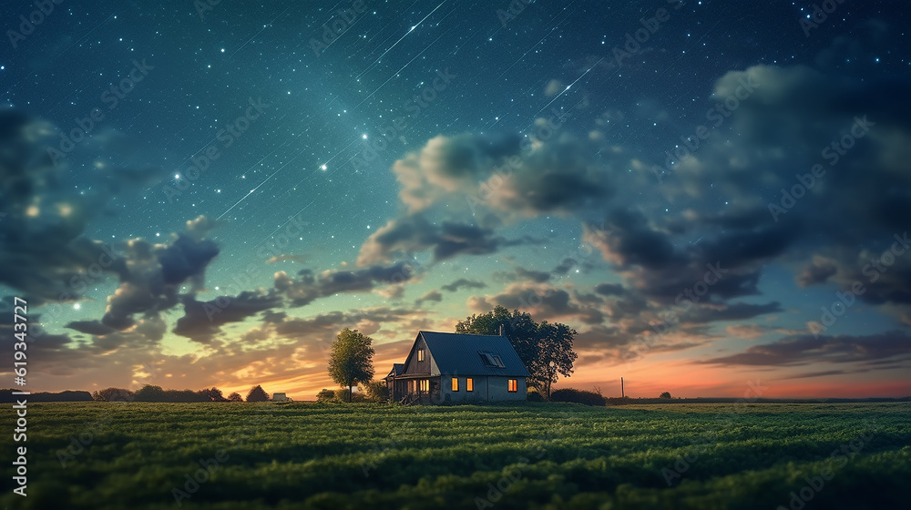 Fototapeta premium landscape panorama lonely house cottage under the starry sky. Generative AI