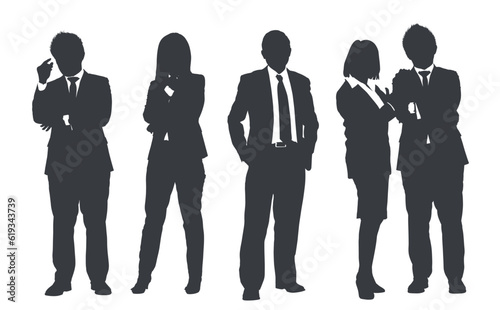 Business people group gray silhouettes pose on white background, flat line vector and illustration.