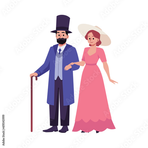 Happy couple in classic Victorian style costumes, flat vector illustration isolated on white background.