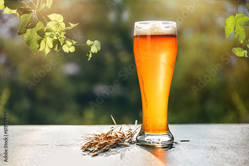 Fresh cold beer in a glass against green garden background. Oktoberfest concept