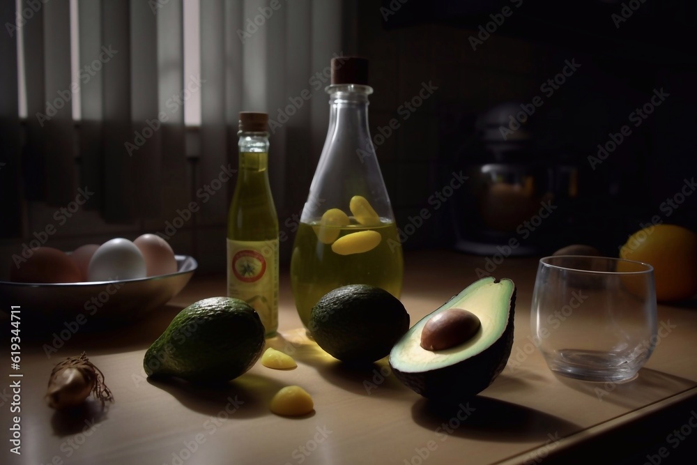 Ripe cut avocado, boiled egg, glass bottle of olive oil, garlic on the kitchen table. Proper nutrition. Cooking. AI. created by AI. AI generated Ripe cut avocado, boiled egg, glass bottle of olive oil, garlic on the kitchen table. Proper nutrition. Cooking. AI. created by AI. AI generated