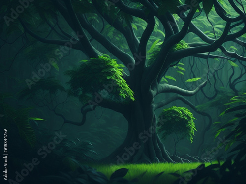 Fantasy dark forest with old tree and green leaves.