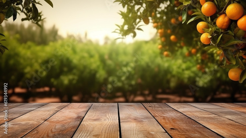Empty wood table with free space over orange trees, orange field background. For product display montage. Generative AI