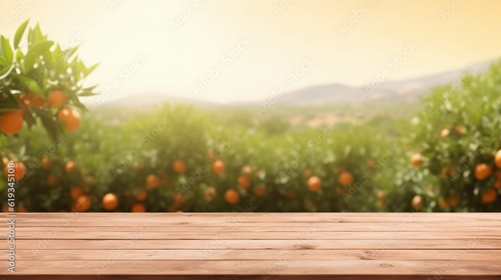 Empty wood table with free space over orange trees, orange field background. For product display montage. Generative AI