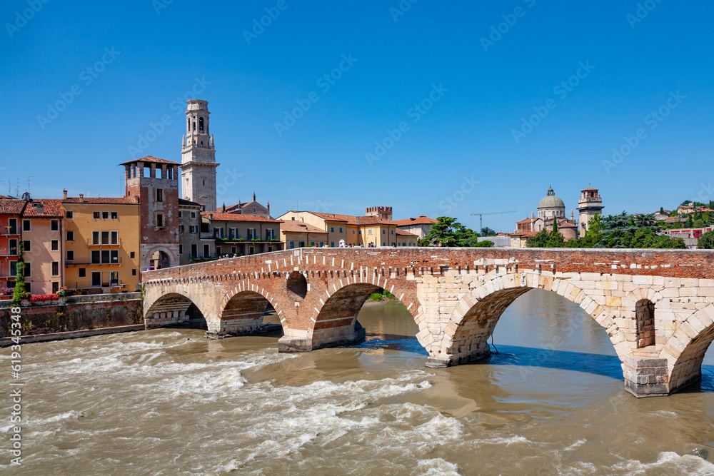 old roman bridge in Verona  spans the river Etsch