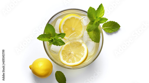 Glass of soda drink with lemon slices and mint isolated on white background. From top view. Generative Ai