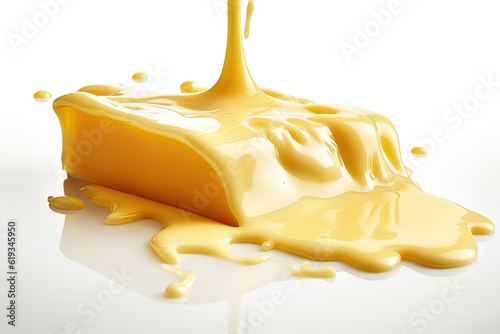 A piece of melted cheese on a white background