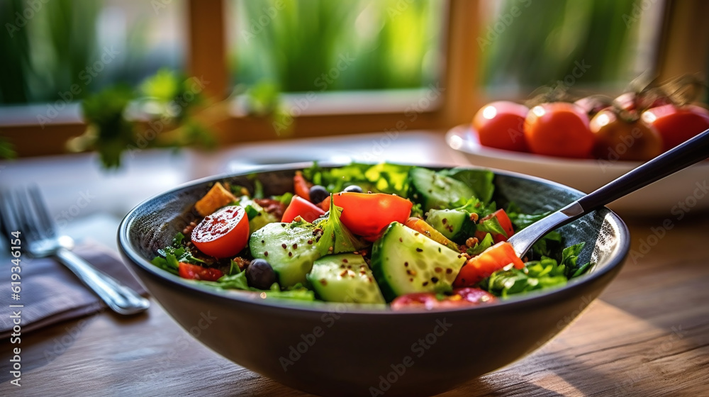 healthy eating, dieting, vegetarian kitchen and cooking concept - close up of vegetable salad bowl and fork at home. Generative Ai