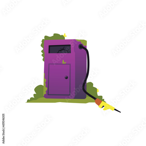 Broken and abandoned gasoline pump overgrown with grass, cartoon flat vector illustration isolated on white background.