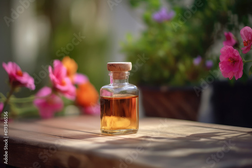 Fragrant Rose Geranium Essential Oil in small transparent glass Bottle on a wooden surface next to fresh Pink Geranium Flowers in full bloom, Garden background with Copy space.