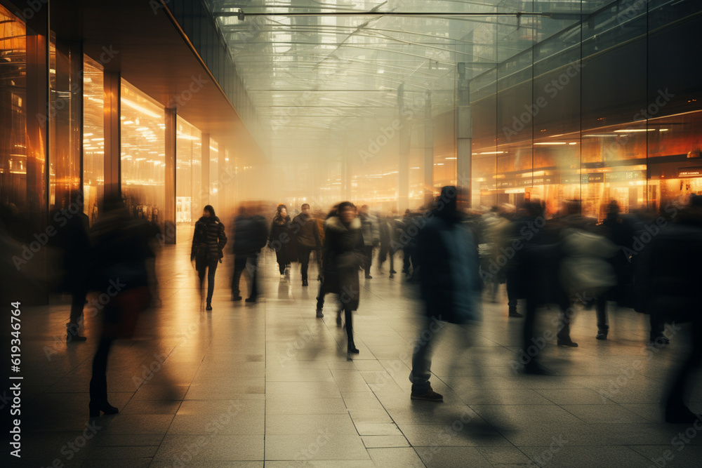 busy people in motion, using long exposure techniques to convey the sense of constant activity and the passage of time. Generative AI