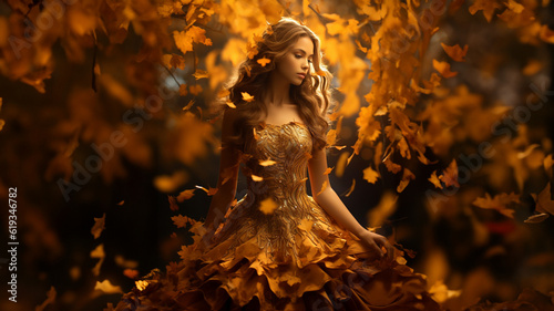 Schönes Model mit festlichen Abendkleid mit Herbstblätter in der Abendsonne, ai generativ