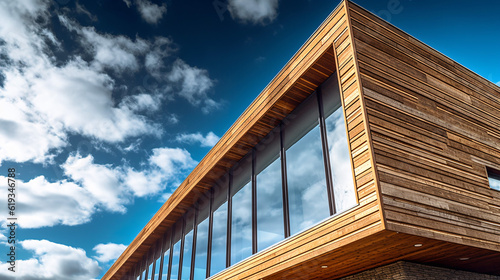 Modern timber clad building with an upward view to a cloudy blue sky. Generative Ai