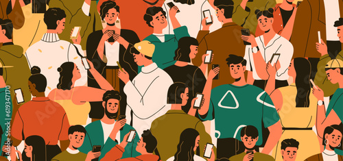 People crowd with mobile phones in hands, seamless pattern. Many happy smartphone users, endless background. Repeating printable print, characters with cellphones. Colored flat vector illustration