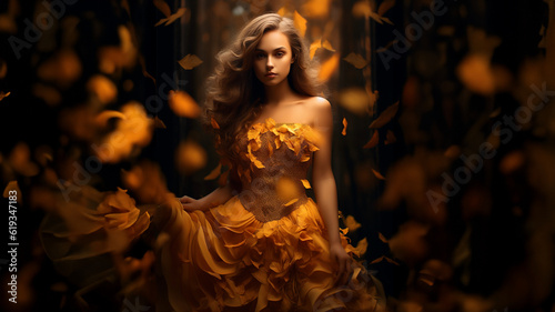 Schönes Model mit festlichen Abendkleid und Herbstblätter in der Abendsonne, ai generativ