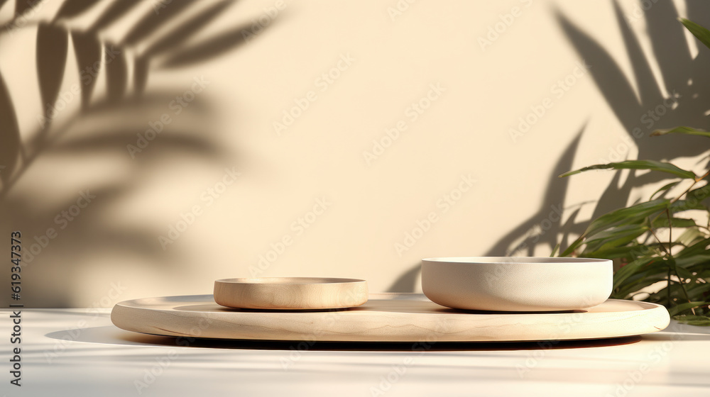 Two sleek wooden round tray podiums on a glossy white table in sunlight, casting leaf shadows on beige wall—a chic background for displaying luxury beauty organic health cosmetic and fashion products