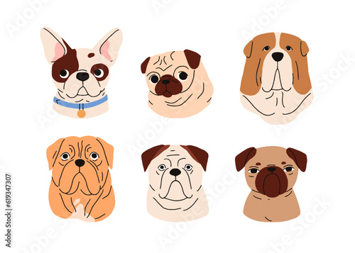 Cute dogs avatars set. Funny puppies, doggies faces, heads portraits. Adorabl...