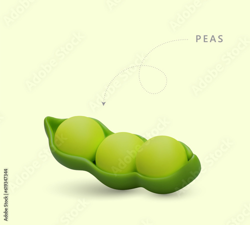 Round green peas in open pod. 3D illustration on light background. Raw giant peas. Color concept for recipes, culinary sites, applications, grocery stores