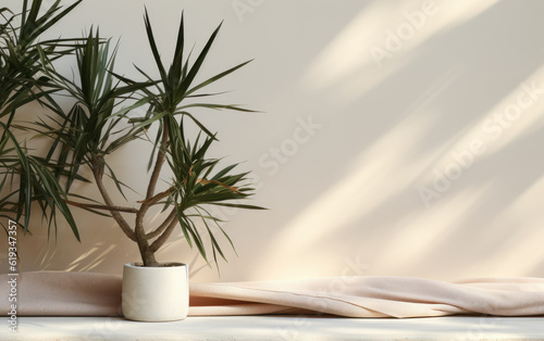 Luxury organic cosmetic display with soft beige cotton tablecloth  tropical plant  and sunlight.