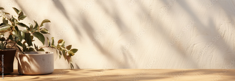 An unoccupied brown wooden counter table in soft sunlight with leaf shadows on a beige textured wallpaper wall—a perfect 3D display background for luxury organic cosmetic, skincare, beauty products.
