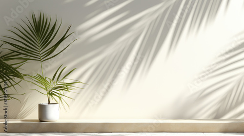 For premium hygienic organic cosmetic, skincare & beauty treatment product background, minimal white counter podium with soft gorgeous dappled sunshine and tropical palm foliage leaf shadow on wall © Bartek